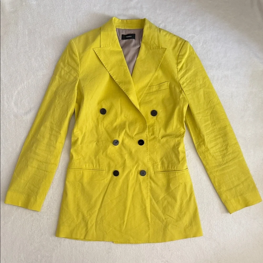 Theory | Linen Double Breasted Tailor Jacket Bright Lime Eco Crunch Wash $535 - Picture 2 of 16